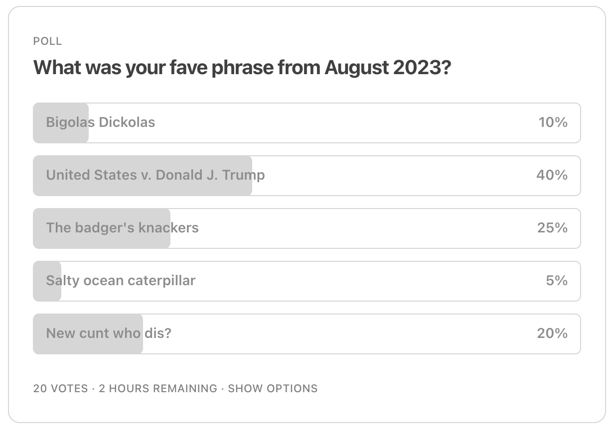 NTMP August 2023 poll results from 20 votes: Bigolas Dickolas 10%, United States v. Donald J. Trump 40%, The badger’s knackers 25%, Salty ocean caterpillar 5%, New cunt who dis? 20%
