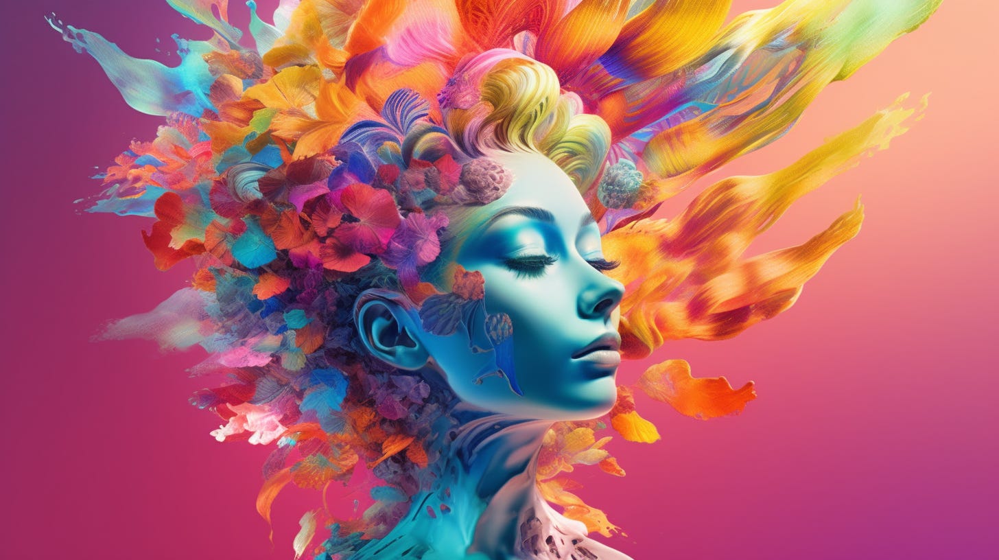 Midjourney generated image of flowers and colors exploding creatively from a female's head