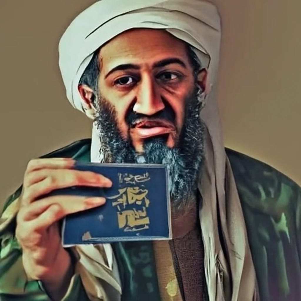 Osama bin Laden holding an American passport