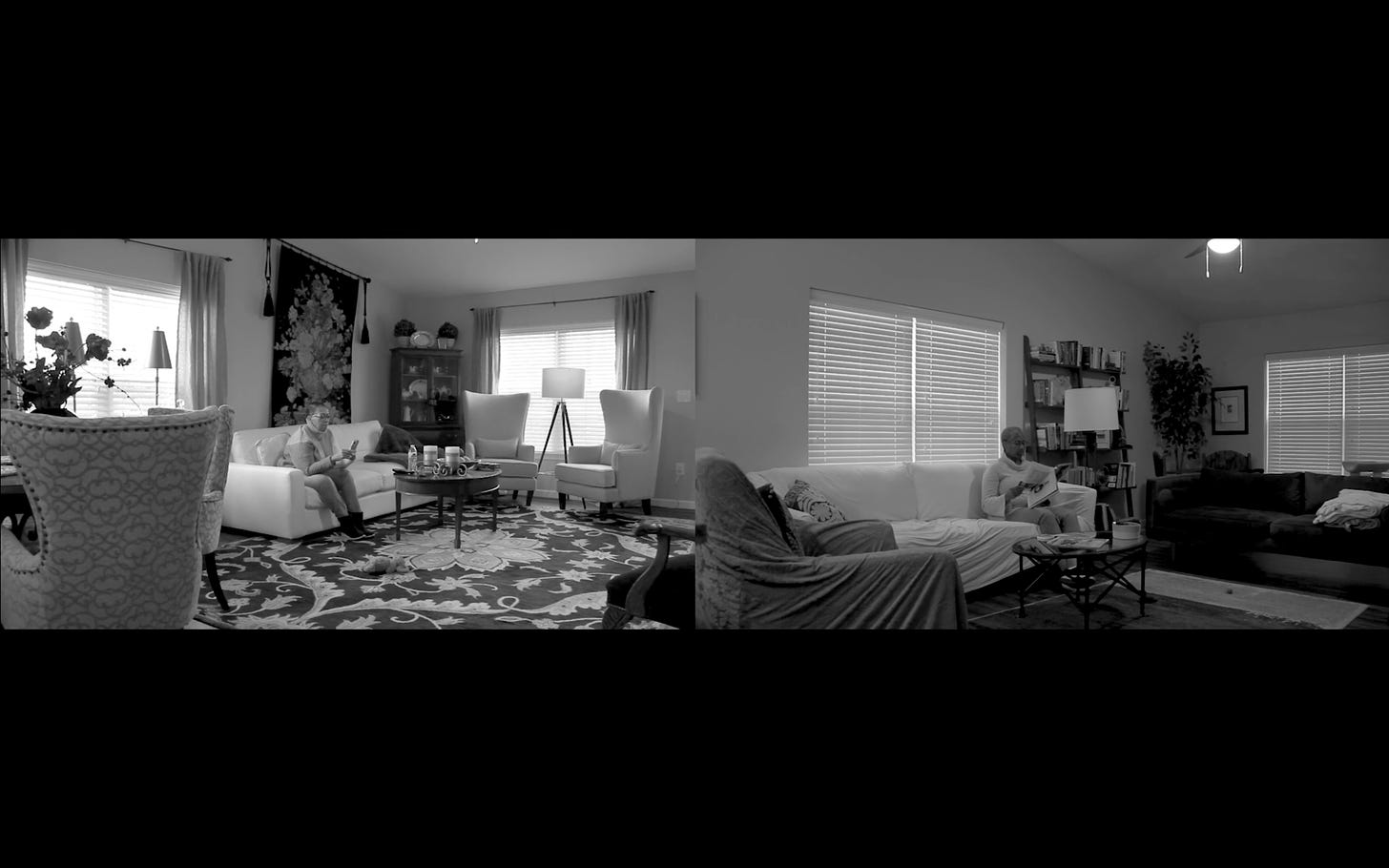 two black and white wide shots of two living rooms side by side featuring a person seated on the couch
