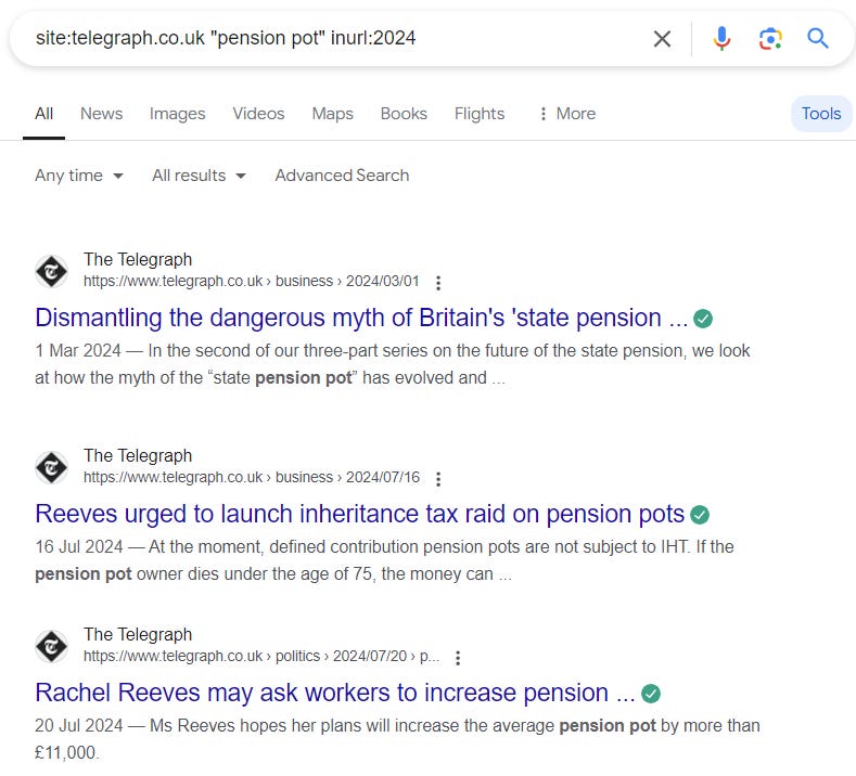 A Google search of site:telegraph.co.uk "pension pot" inurl:2024