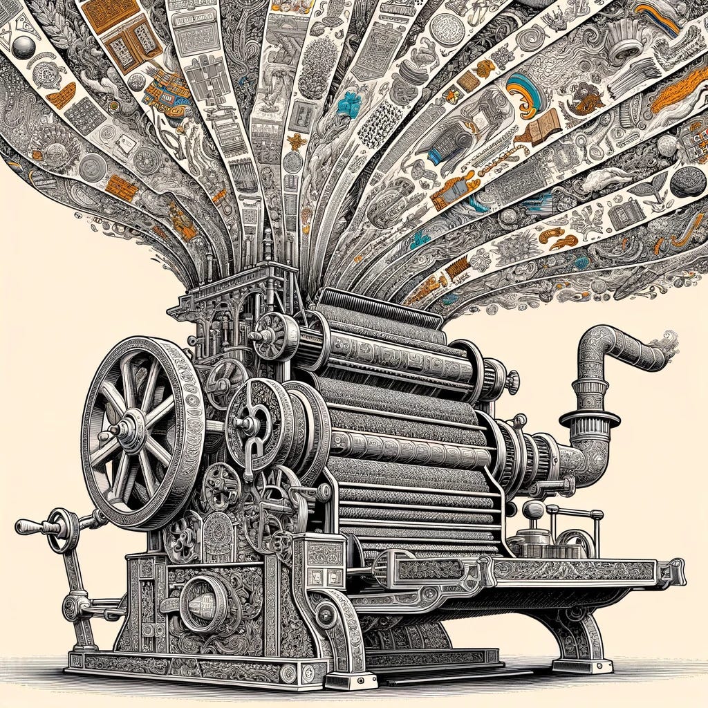 Generated by DALL·E - Here's an illustration of a metaphorical "tradition machine." It combines elements of a vintage printing press and a classic steam engine, adorned with cultural and historical motifs. The machine is generating a variety of traditional artifacts, symbolizing the continuous creation of tradition-based innovations.