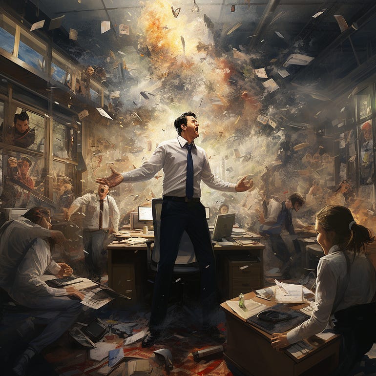 A man standing in the middle of the room, saying something, while there’s papers being thrown around and chaos all over as people are running or trying to put fires out.