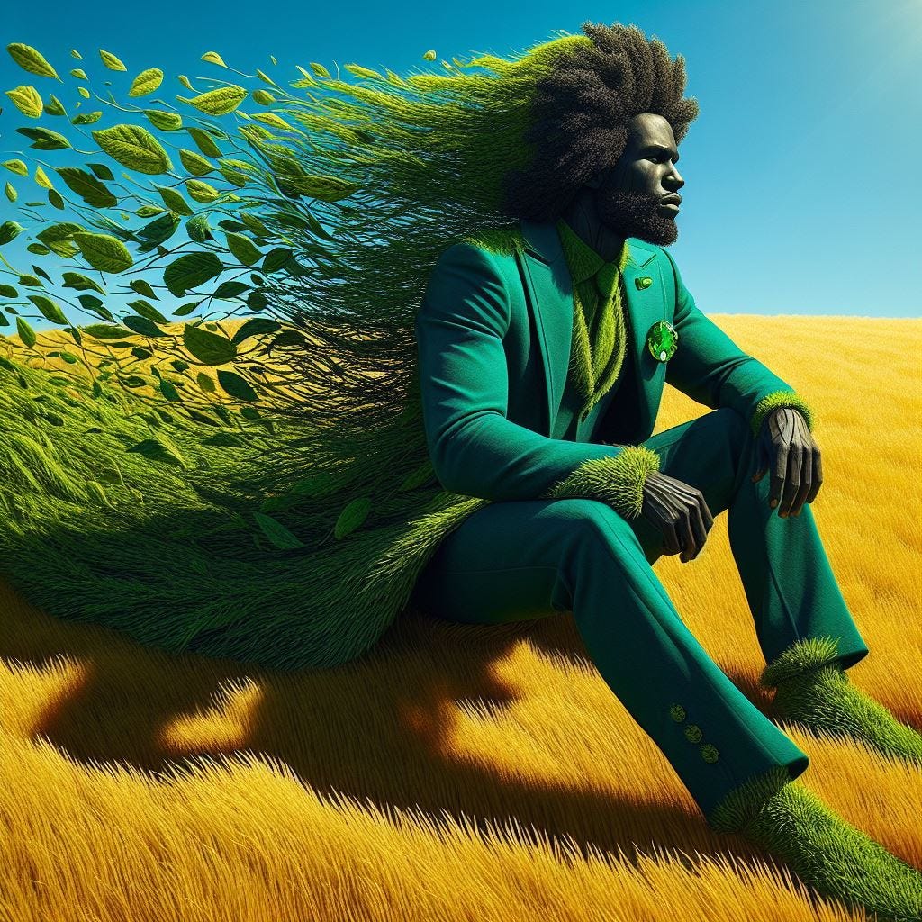 Hyper realistic wooden statue of black heroic man sitting in green 3 piece deep blue-green velvet suit made of grass in yellow grass. loose afro turning into leaves of tree.he is becoming a tree and casting a shadow of leaves Grassy earth with man, made of grass.he is one with the ground. Grass is chartreus and mint green and Naples yellow, vibrant yellow. green crystal broach on his suit.Sunny day.Luminescent