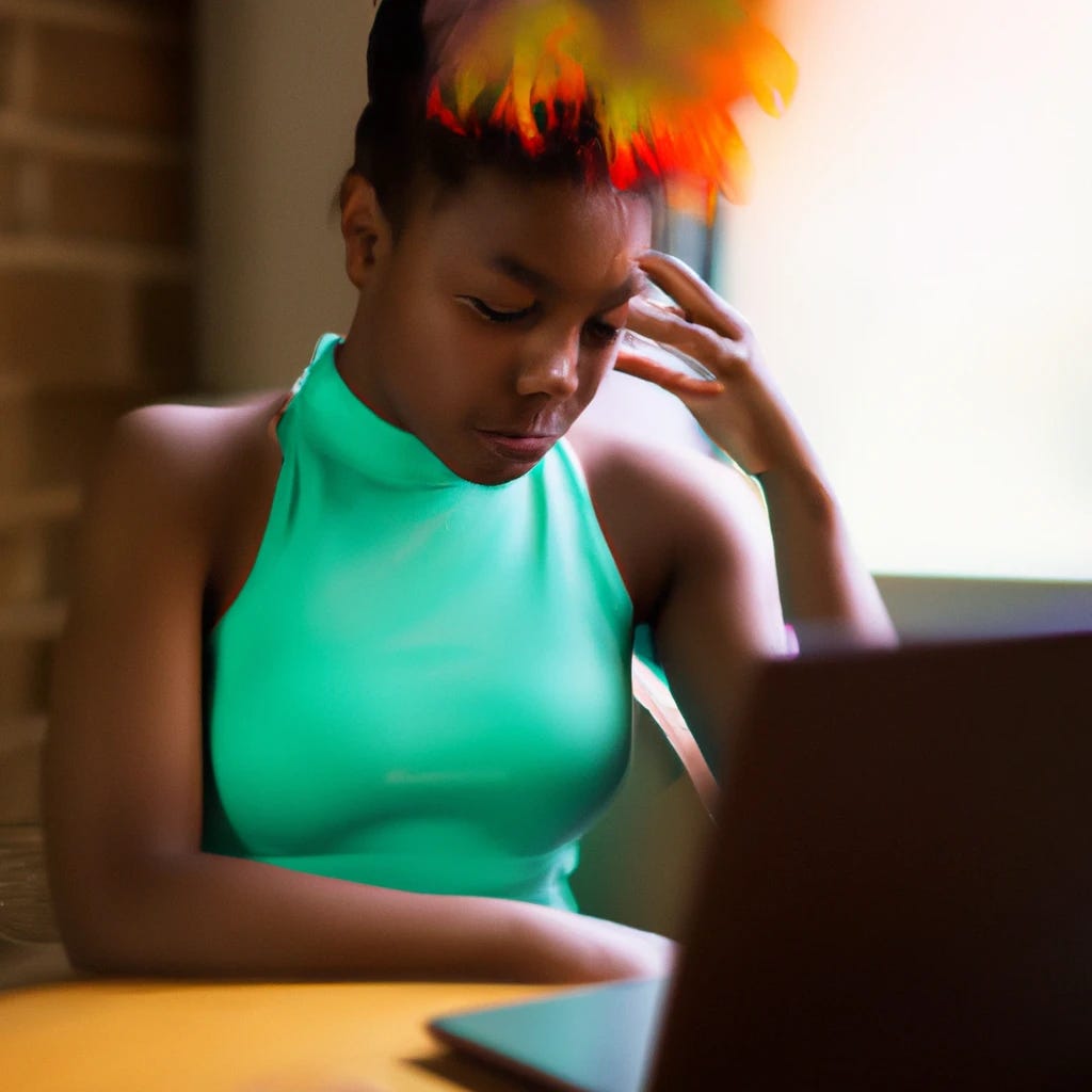 A Black woman with natural hair. She is using a Mac laptop, and she's hard at work