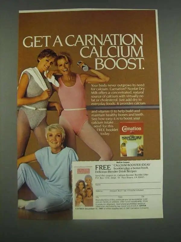 1985 Carnation Nonfat Dry Milk Ad - Get a Carnation Calcium Boost | eBay