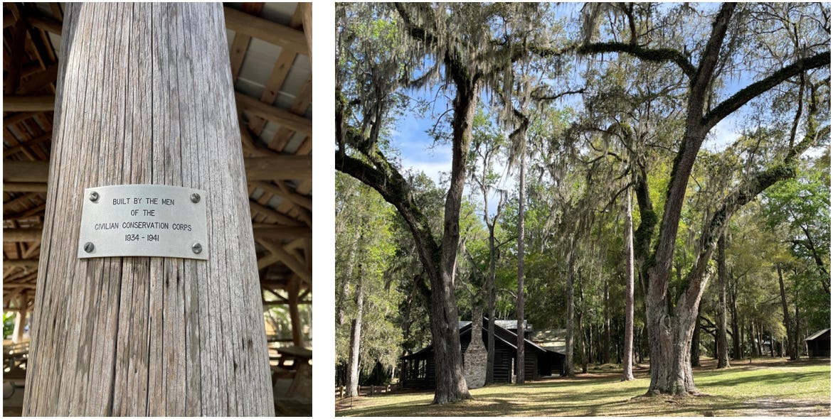 Pictures of wooden structures built in the 1930s nestled among oak trees. 