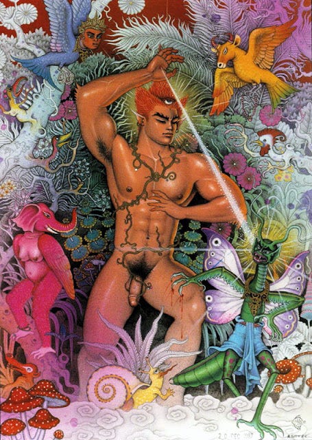 A serene Asian man is seen against a colorful background of mythical creatures and spiritual symbols. He has a light beam coming out of his hand to shine on a grasshopper butterfly creature. The background is full of flowers, branches, mushrooms, and mythical and spiritual creatures. He has short spiky red hair, elf-like ears, and he is nude, with pubic hair around his dick. He is wrapped in vines around his chest, abdomen, and crotch. A serene Asian man is seen against a colorful background of mythical creatures and spiritual symbols. He has a light beam coming out of his hand to shine on a grasshopper butterfly creature. The background is full of flowers, branches, mushrooms, and mythical and spiritual creatures. He has short spiky red hair, elf-like ears, and he is nude, with pubic hair around his dick. He is wrapped in vines around his chest, abdomen, and crotch.