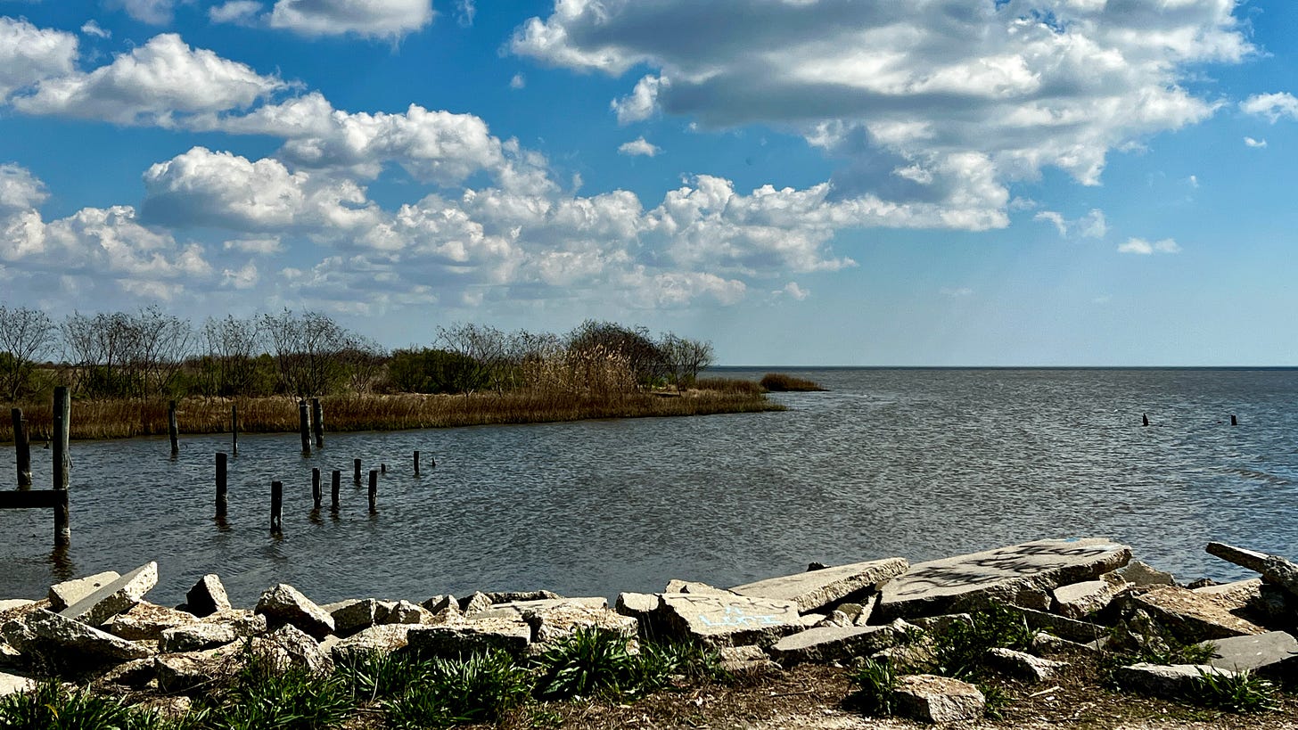 Lake scene with rocks and abandoned pier pilings