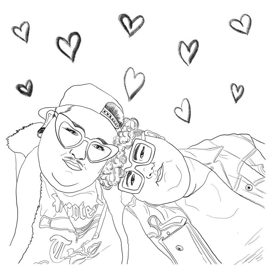 a simple black line drawing of Fleetwood and Bess. Fleetwood is wearing a backwards baseball cap and big heartshaped glasses, Bess leans on Fleetwood's shoulder, their curls pressed against his face. Little heart doodles float above their heads
