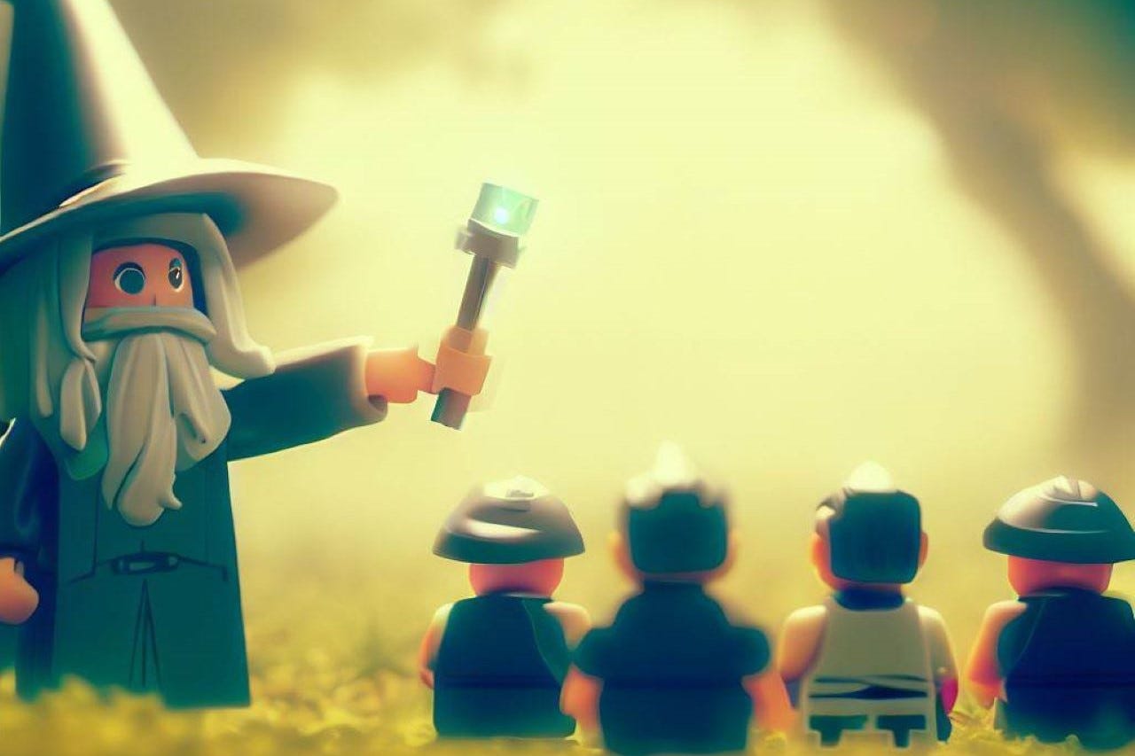 Lego Gandalf telling stories to a group of Lego Hobbits