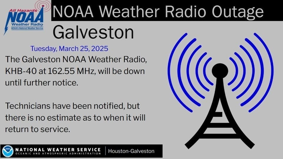 Galveston NOAA Weather Radio Station KBH40 has been down ever since a fire at its transmitter site in late March, 2025. Galveston NOAA Weather Radio Station KBH40 has been down ever since a fire at its transmitter site in late March, 2025.