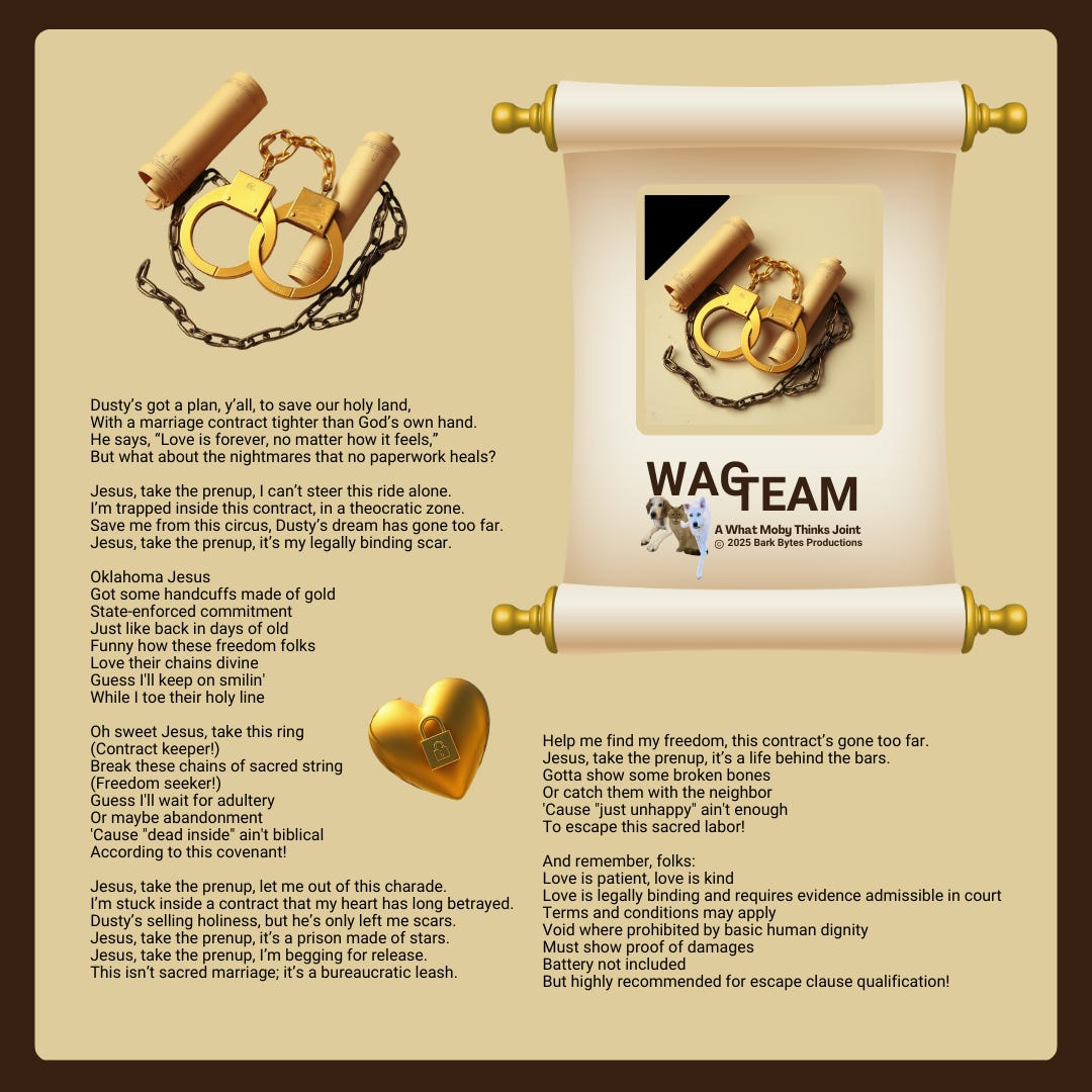 A satirical image showing golden handcuffs attached to marriage certificates against a parchment background, with song lyrics about covenant marriage. The design includes a scroll with the WAG Team logo and a golden heart-shaped lock, combining religious and legal imagery to critique restrictive marriage legislation.