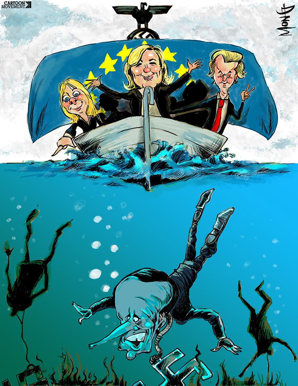 Cartoon showing a viking ship sailing head on towards the viewer, with Marine Le Pen, Giorgia Meloni and Geert Wilders on board. The sail has the stars of the EU on it, while the top of mast is an eagle holding a swastika, just visible behind the top of the sail. Below the water, Macron and other unidentified European politicians are drowning, pulled down by iron swastikas around their necks.