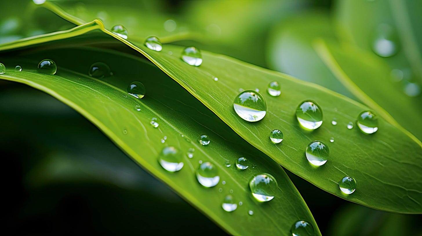 Macro photography of beautiful large rain drops on green leaves. 29632534  Stock Photo at Vecteezy