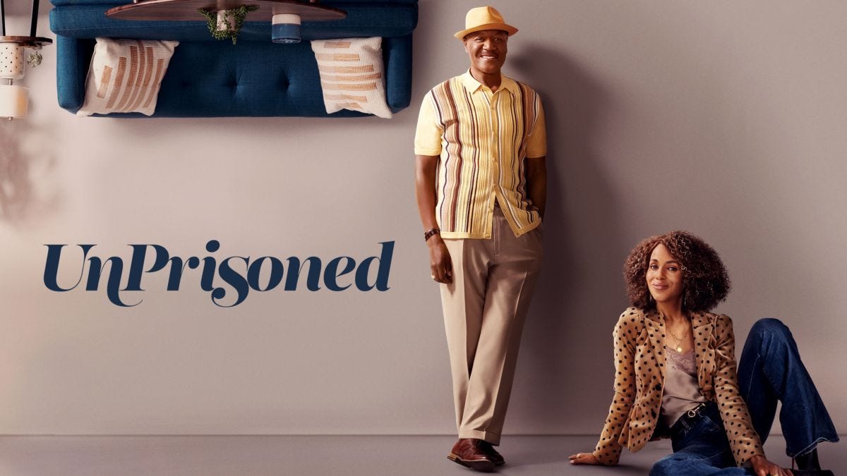 Advert for Unprisoned. Lady sitting on the floor with her father standing beside her