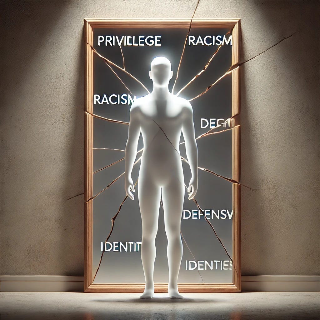 A conceptual digital illustration of a person standing in front of a cracked mirror. The person is a white silhouette, featureless, symbolizing identity and perception. The cracks in the mirror form words like "Privilege," "Racism," "Discomfort," "Defensiveness," and "Identity." Instead of reflecting the person, the mirror displays these words, emphasizing the psychological and social challenges of discussing race. The background is neutral and moody, with a subtle light source creating depth.