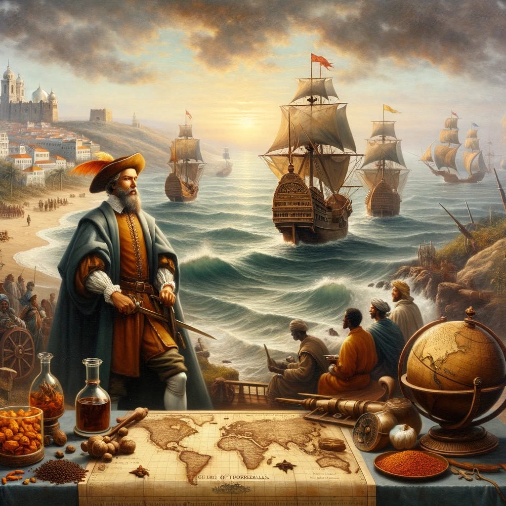 Oil painting in 16th-17th century style depicting the Age of Discovery. The foreground shows Vasco da Gama confidently navigating his ship around Africa's Cape of Good Hope. In the distance, Arab and Ottoman ships are visible, representing the older maritime powers. The horizon is marked by the dawn, symbolizing the beginning of Portugal's dominance. To one side, a map on a table displays the Treaty of Tordesillas, with the invisible line dividing territories for Spain and Portugal. In the backdrop, Lisbon's docks are bustling with activity as spices like cloves, nutmeg, and pepper are being unloaded, representing the prosperity and power of Portuguese exploration.