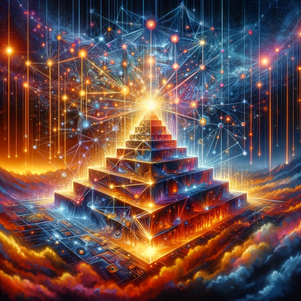 An evocative illustration depicting a network configuration overwhelming a traditional hierarchical structure, symbolizing the overthrow of old paradigms by new methods of connectivity and collaboration. Imagine a vivid scene where a luminous, decentralized network with nodes and connections radiates across the canvas, dynamically encroaching upon and eventually enveloping a rigid, pyramid-like hierarchy structure that represents old scientific dogmas. This imagery vividly contrasts the flexibility and adaptability of modern networks against the static and inflexible nature of traditional hierarchies, emphasizing the power of collaborative knowledge and innovation to challenge and redefine established norms.