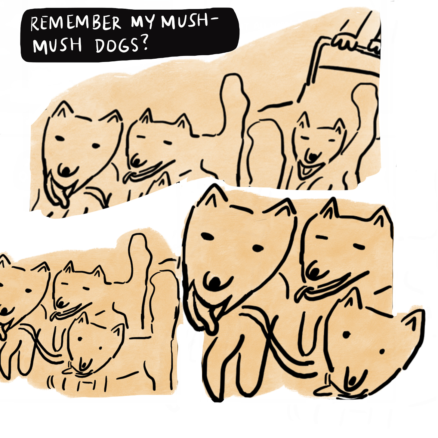 Images of sled dogs running with text that says "remember my mush-mush dogs?"