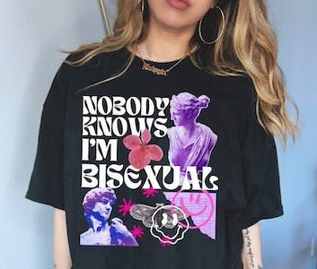 a shirt with the text Nobody knows I'm bisexual and a bust of Sappho and Michaelangelo in neon colors with smiley faces and moths