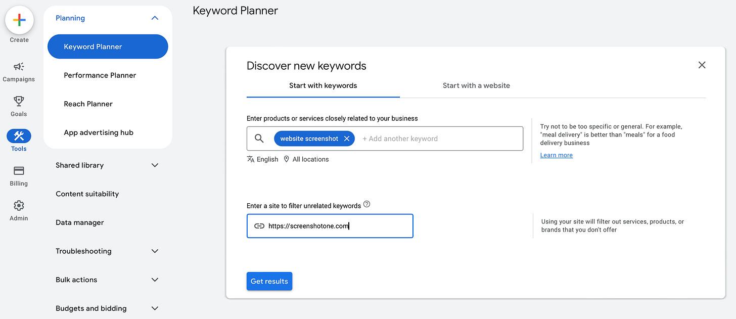 A Screenshot of the Google Ads Keyword Planner