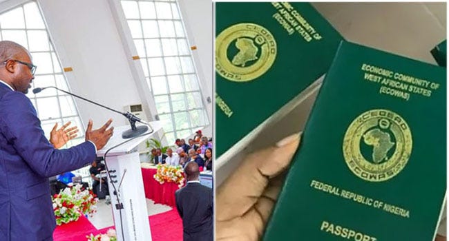 A photo combo of Interior Minister Olubunmi Tunji-Ojo and Nigerian passports