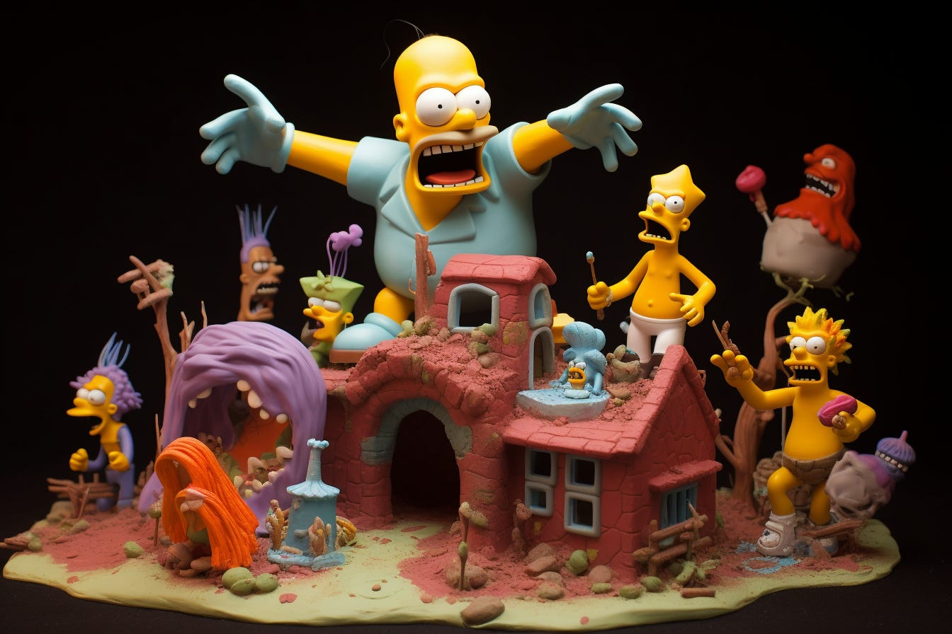 Giant claymation Homer towering over smaller Simpsons who look scary in their own right