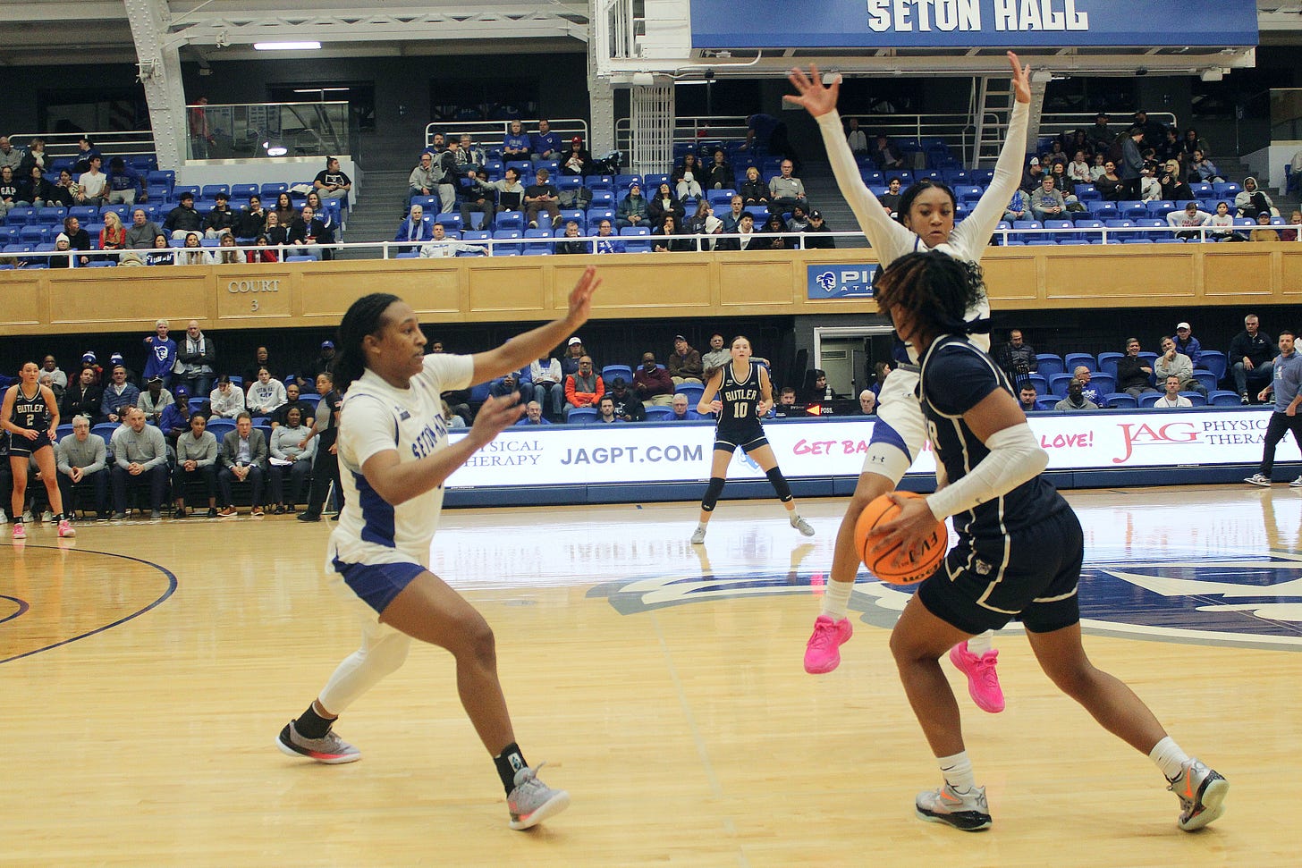 Savannah Catalon (left) and Jada Eads defend a Butler player during Seton Hall’s 71-48 win on Jan. 29, 2025. (Photo by Adam Zielonka)