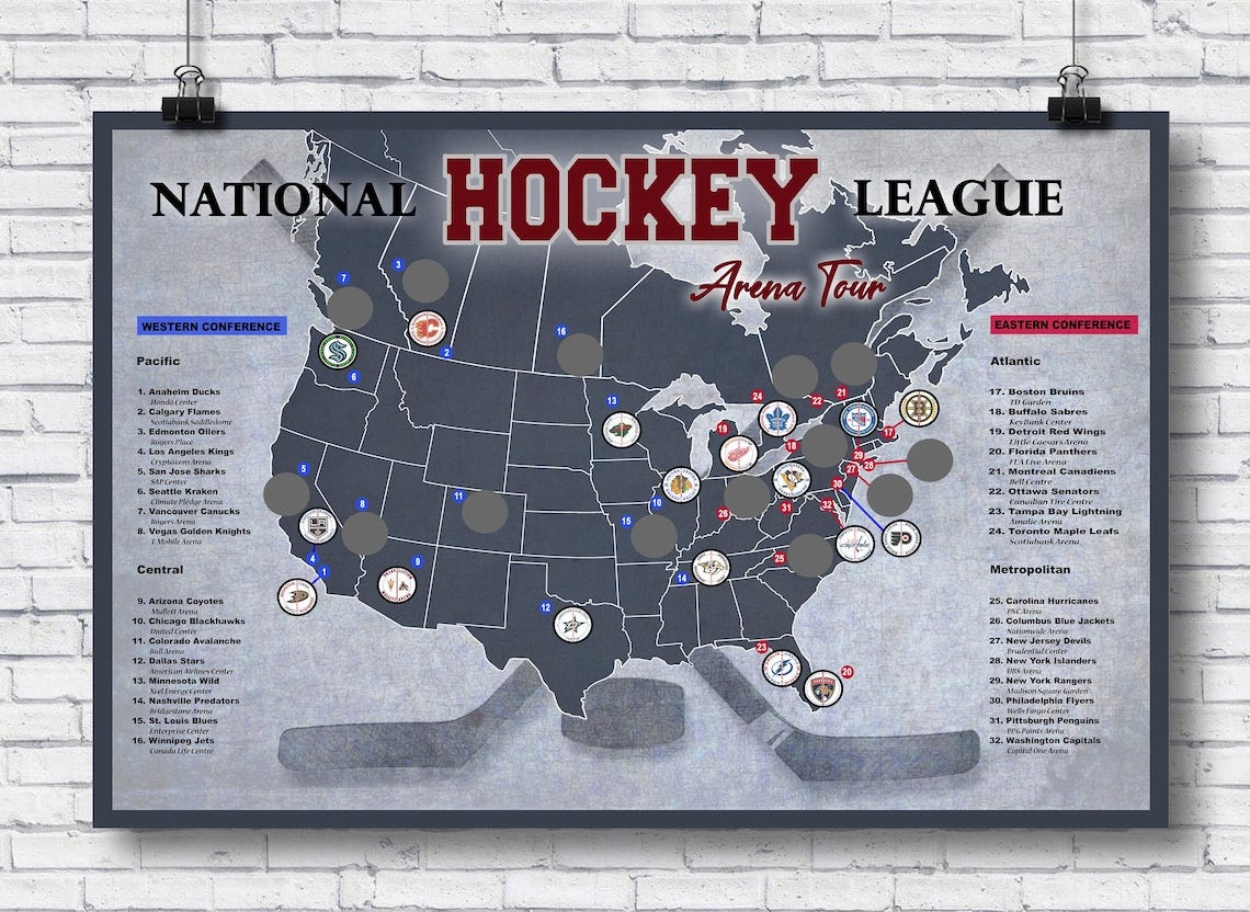 Pro Hockey Arena scratch off map Hockey bucket list Poster image 1
