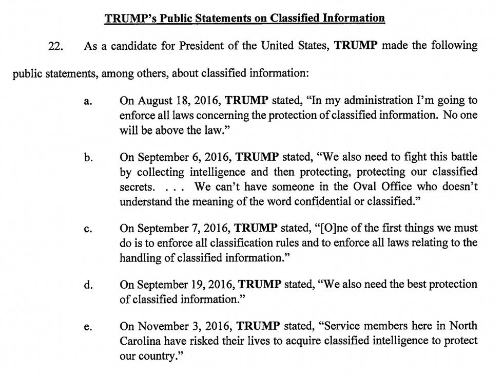 Indictment: five times Trump bloviated about protecting classified information.