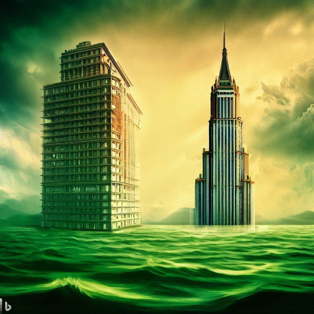 a digital art of two big buildings one representing Zurich Switzerland and another representing New York, America in an antagonistic stance against each other across vast green sea