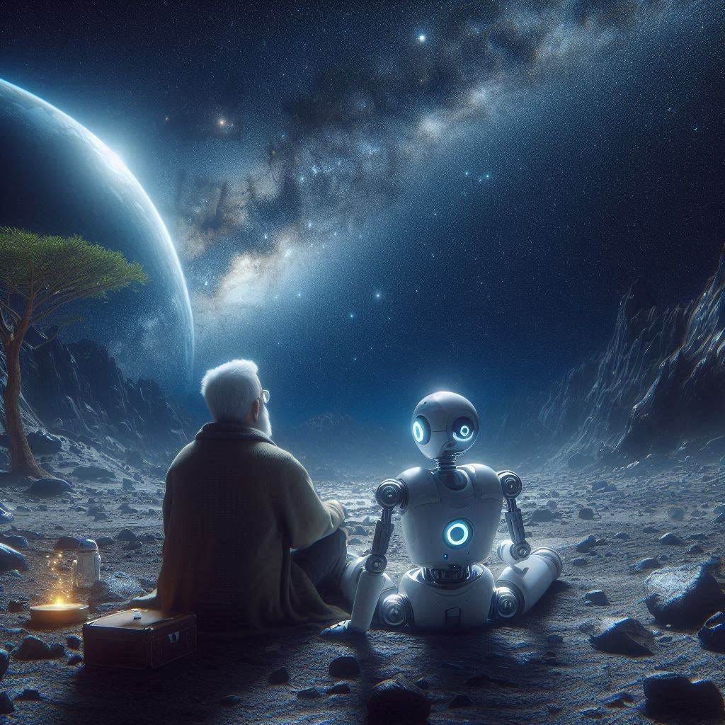 A robot and an old man sitting together on the surface of a remote asteroid, watching the starry sky above them 