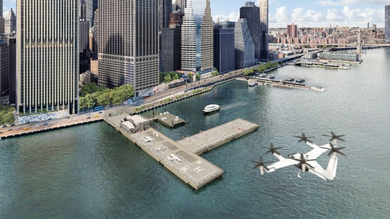 Aeriel view of a flying vehicle coming in above the new vertiport in New York City.