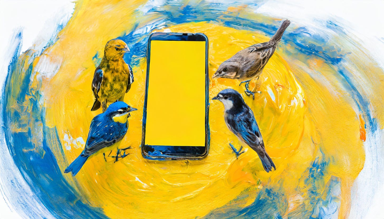 Abstract oil painting of four birds surrounding a smart phone. Done in a yellow and blue palette with large paint swirls in the background.