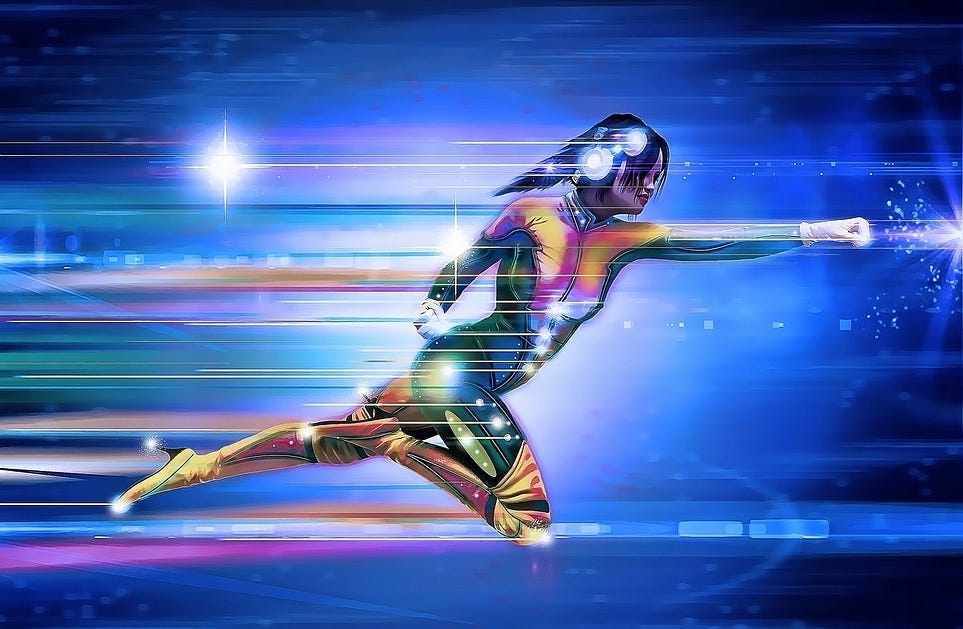 A superhero gliding through the air to show Joseph Campbell’s hero’s journey