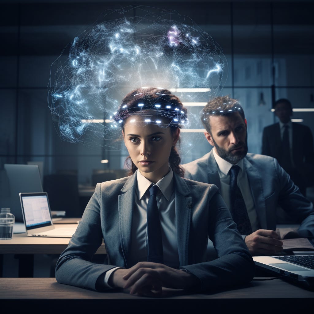 A woman sits at her desk with a look of concentration on her face. Behind her a man looks on worriedly. She has a cloud of white brainwaves around her head.