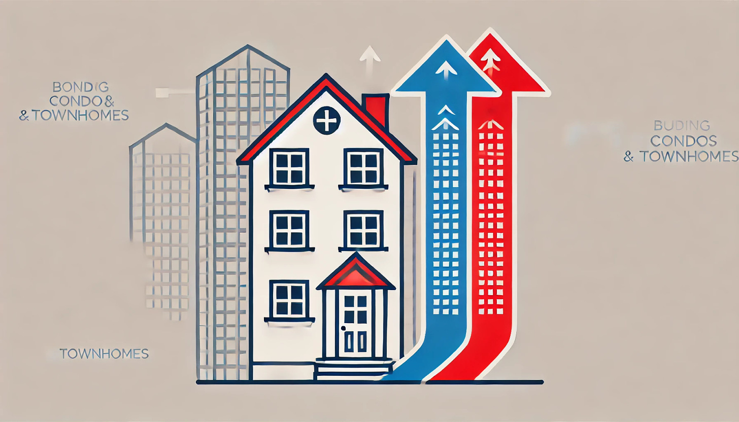 A minimalist graphic in landscape format using red, white, and blue to represent the shift to buying condos and townhomes. The image features a simple outline of a house transitioning into taller condo and townhome structures, with upward arrows symbolizing the market shift. The design is clean with no text and a plain background.