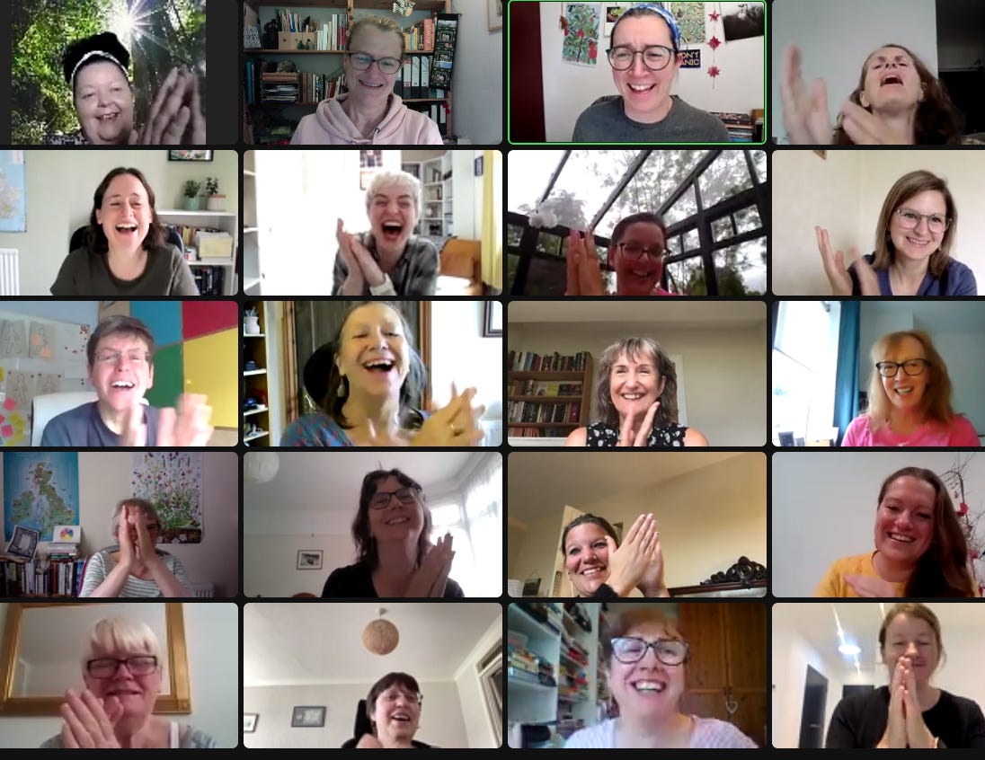 An image of a Zoom meeting. Squares of happy, smiling writers celebrating a great writing session.