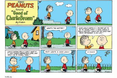 Peanuts comic strip from Sunday colour edition.