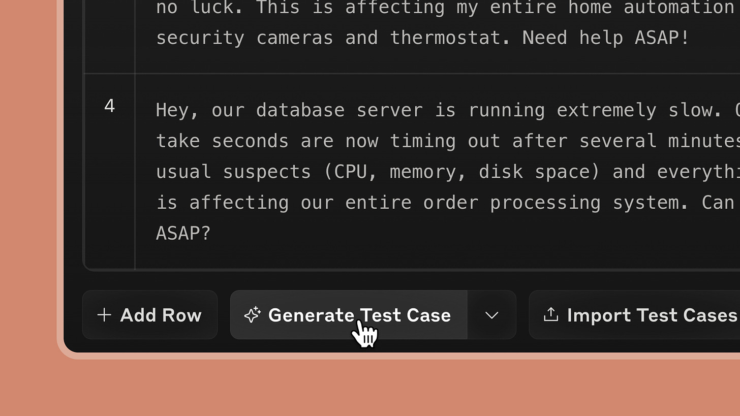 The Anthropic Console interface showing test table entries. At the bottom, there's a cursor hovering over a 'Generate Test Case' button.