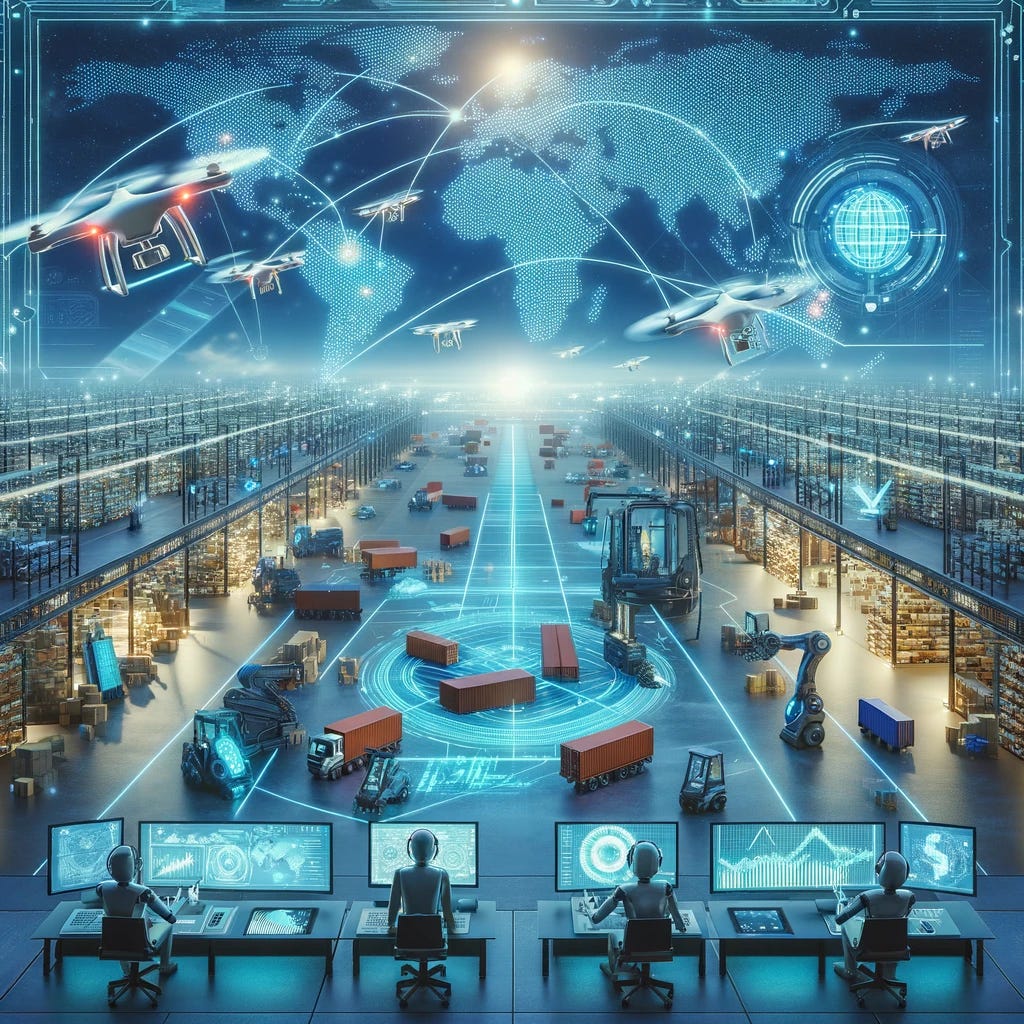 An insightful and futuristic illustration showcasing the transformative impact of Artificial Intelligence (AI) on supply chain management. The scene is set within a high-tech logistics center, where AI-powered robots and drones efficiently sort and transport goods across a vast warehouse. Overhead, a digital map displays the global logistics network, with AI algorithms optimizing routes in real time for maximum efficiency. Human operators monitor progress from futuristic control stations, where they interact with AI systems to predict demand, manage inventory, and solve complex logistical challenges. This depiction highlights the synergy between AI and human expertise, revolutionizing the way supply chains operate by enhancing precision, speed, and adaptability.
