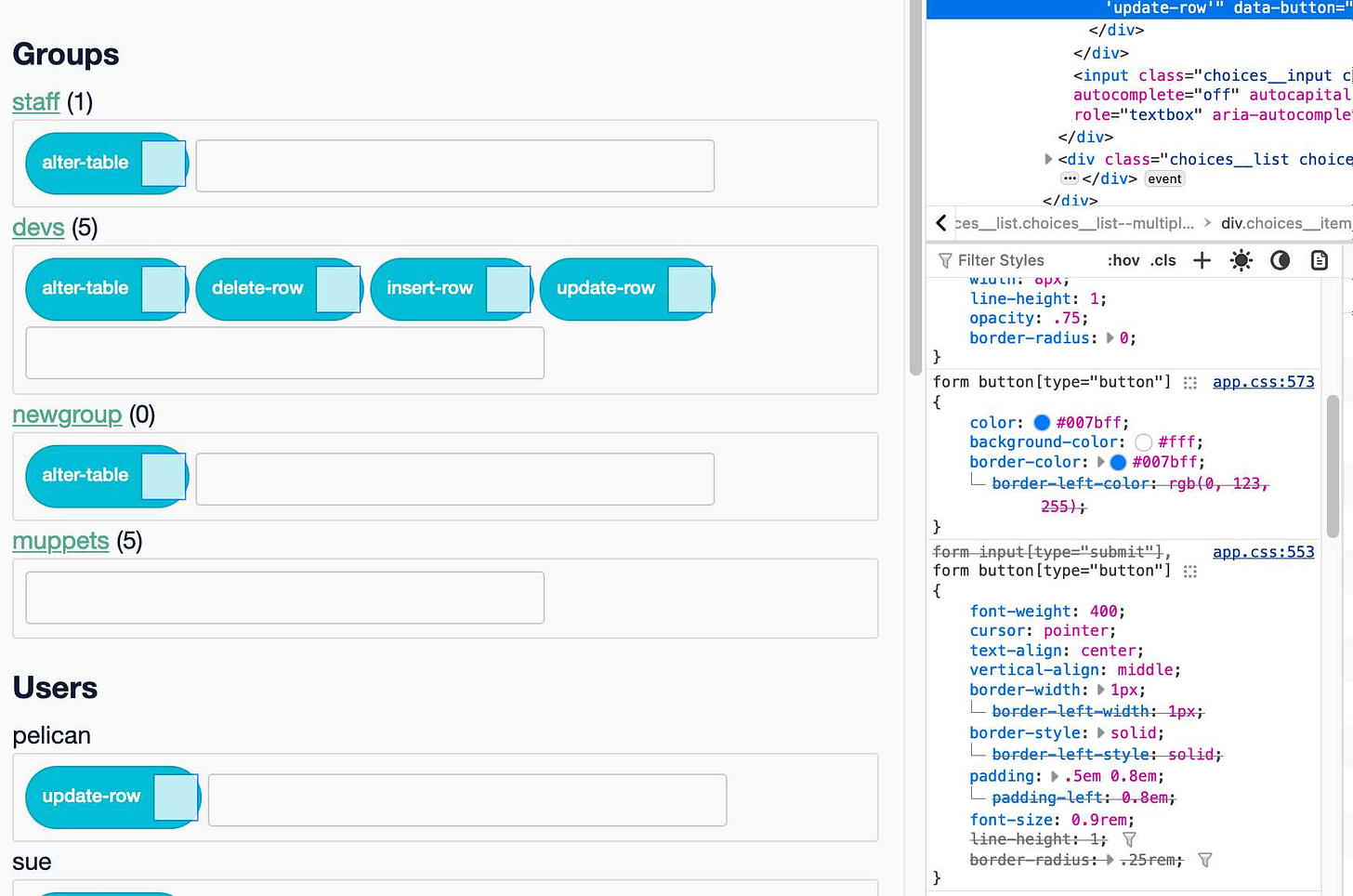 The choices elements have big upgly blank boxes displayed where the remove icon should be. The Firefox DevTools console is open revealing CSS properties set on form button type=button, explaining the visual glitches