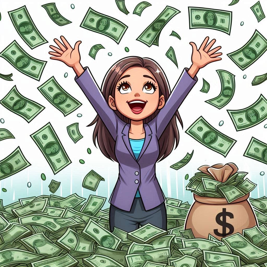 a cartoon of a woman standing with her arms up in the air as money rains down on her