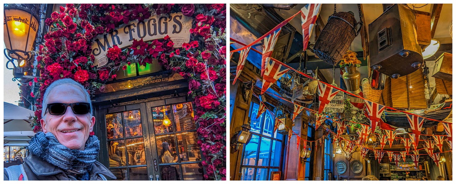 Michael standing in front of Mr Fogg's which has an old-fashioned lamp next to the door, as well as red flowers draping the doorway. The photo on the right shows the interior which is decorated with a lot of British flags. 