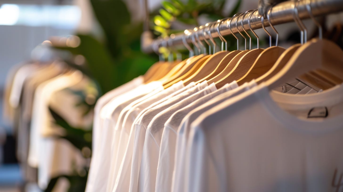 White T-shirts on a metal Rack | They want a golden ticket to the factory and through buying merch they can identify as individuals with that world. your world and your business. They want a golden ticket to the factory and through buying merch they can identify as individuals with that world. your world and your business. 