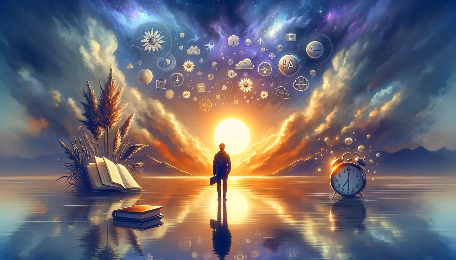 A serene and inviting landscape featuring a solitary figure standing at the edge of a calm lake, reflecting both the tranquility and depth of an introverted mind. The setting sun casts a warm, gentle light, symbolizing hope and the untapped potential within. Surrounding the figure, elements such as books, a clock, and faint silhouettes of thought bubbles float, representing the introvert's journey through time management, deep thinking, and creativity in the face of ADHD. This peaceful yet powerful scene captures the essence of finding inner strength and calm amidst the chaos of the external world, aiming to draw viewers into exploring the themes of the article.