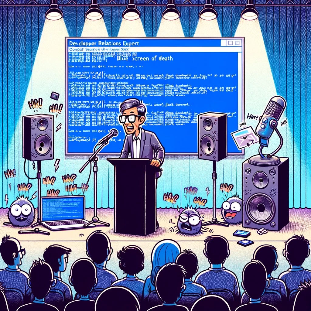 A cartoon depicting a developer relations expert speaking on stage during a series of audio-visual equipment failures. The scene shows the expert, a middle-aged Asian man with glasses, standing at a podium. Around him, a projector screen displays a 'blue screen of death', a microphone is emitting loud feedback noises, and a speaker is buzzing. Lights flicker above, and a laptop on the podium shows an error message. The audience looks amused and slightly bewildered by the chaos.