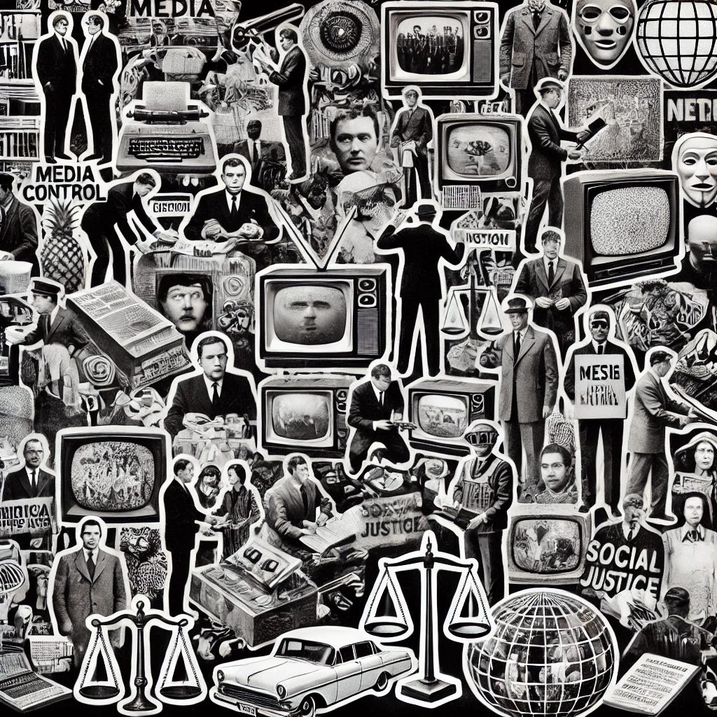 A 1960s-style black and white montage filled with cut-out images of objects, people, and activities that reflect themes of media control, political manipulation, and social activism. The image should include TV sets showing different channels, microphones, newspapers, typewriters, early computers with internet imagery, scales of justice, propaganda posters, surveillance cameras, chains and locks, and masks. People featured should include journalists with press badges, politicians giving speeches, protestors holding blank signs, judges in robes, scientists in lab coats, social media influencers, TV anchors, lawyers in courtrooms, celebrities at a press conference, and activists with megaphones. Activities should depict acts of censorship like covering someone's mouth, bustling newsrooms, courtroom scenes, secret meetings behind closed doors, street protests, parliamentary debates, medical trials or labs in action, people scrolling on social media, interviews being conducted, and surveillance operations. The entire space should be densely covered with these elements, creating a complex and chaotic visual representation of the discussed themes.