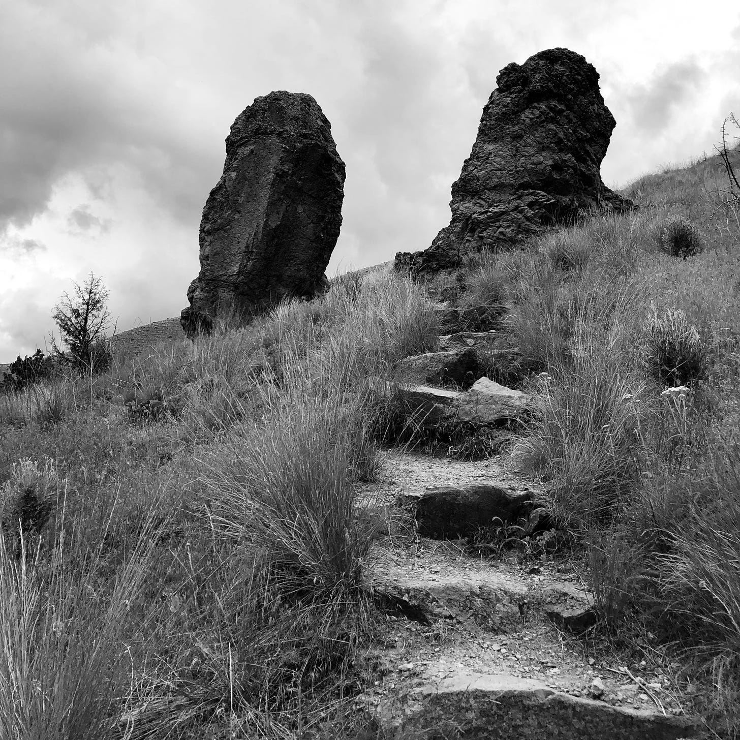 Black and white close-up of hillside with crude steps leading toward two vertical rocks standing alone, like a gateway